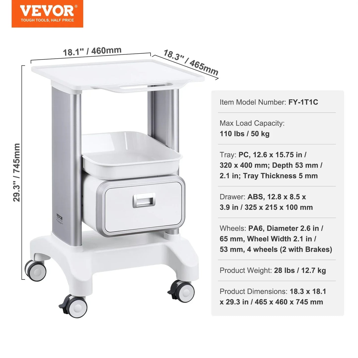 VEVOR 2 Tiers Lab Carts Mobile Medical Cart with 1 Drawer & 1 Top Tray White - Mekamart Australia