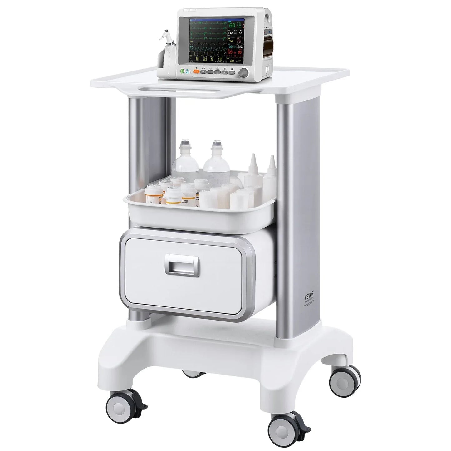 VEVOR 2 Tiers Lab Carts Mobile Medical Cart with 1 Drawer & 1 Top Tray White - Mekamart Australia