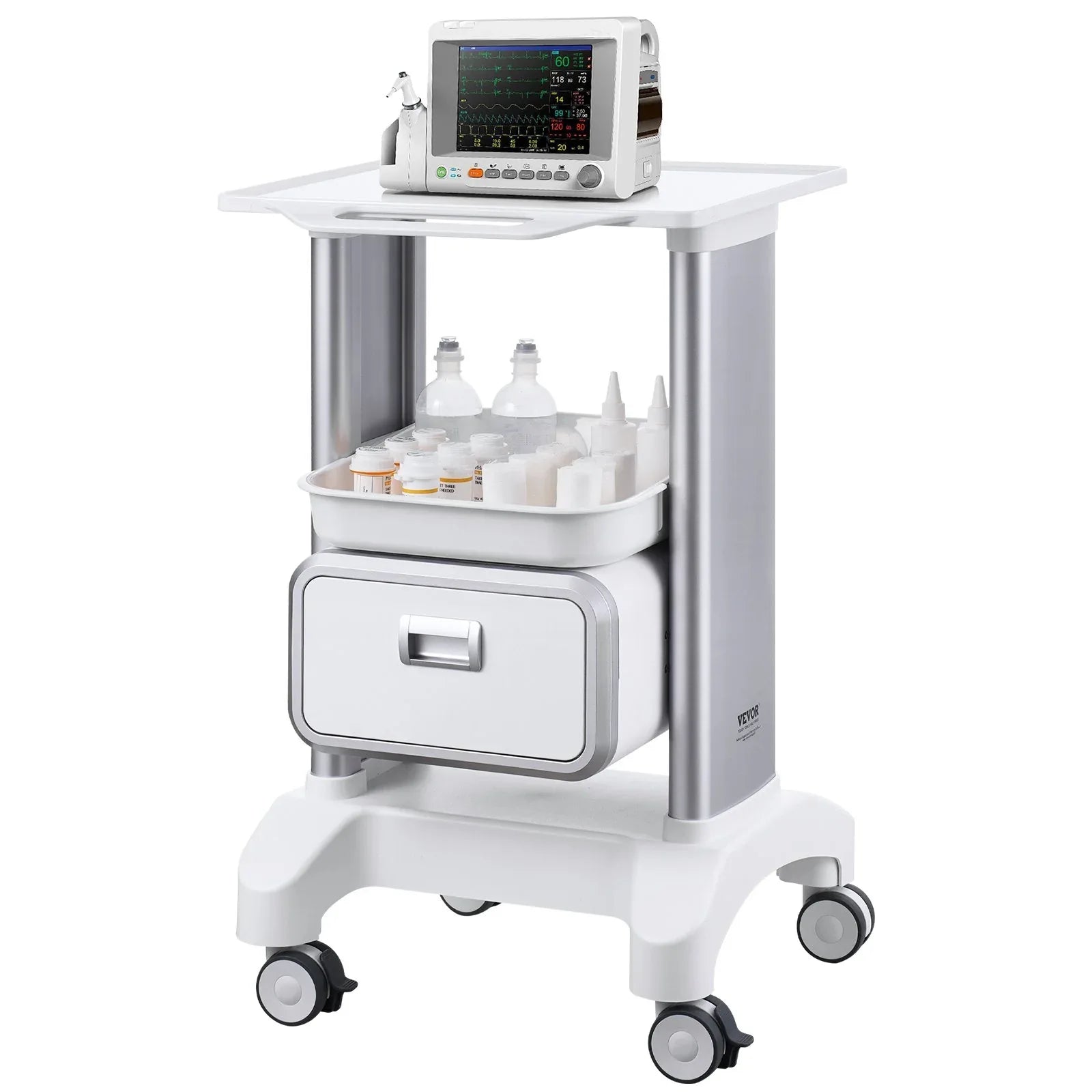 VEVOR 2 Tiers Lab Carts Mobile Medical Cart with 1 Drawer & 1 Top Tray White - Mekamart Australia