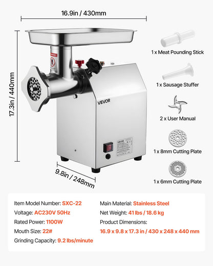 VEVOR Commercial Electric Meat Grinder 9.2 Lbs/Min Sausage Stuffer Maker Kitchen