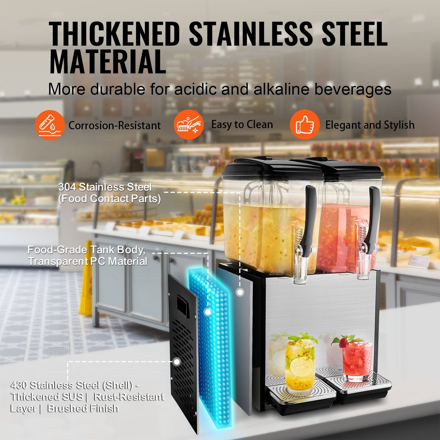 VEVOR Commercial Beverage Dispenser, 2 Tanks 12 L Per Tank Juice Dispenser, 286W Stainless Steel Ice Tea Drink Machine with 7℃-12℃ Cooling Temperature, for Cold Drink Restaurant Bar Party