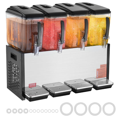 VEVOR Commercial Beverage Dispenser, 4 Tanks 12 L Per Tank Juice Dispenser, 510W Stainless Steel Ice Tea Drink Machine with 7℃-12℃ Cooling Temperature, for Cold Drink Restaurant Bar Party