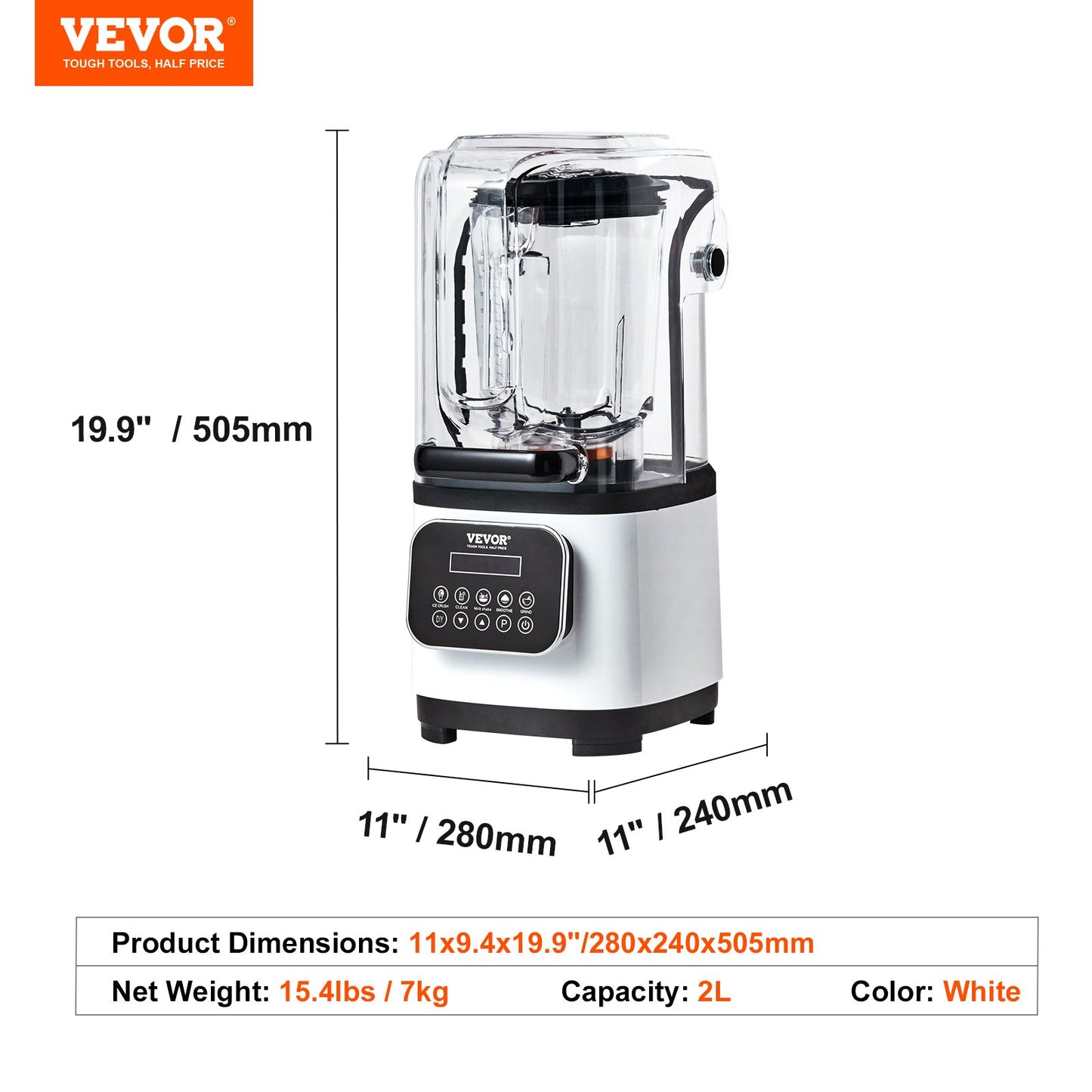 VEVOR Professional Blender with Shield, Commercial Countertop Blenders, 2L Jar Blender Combo, Stainless Steel 9 Speed & 5 Functions Blender, for Shakes, Smoothies, Peree, and Crush Ice, White