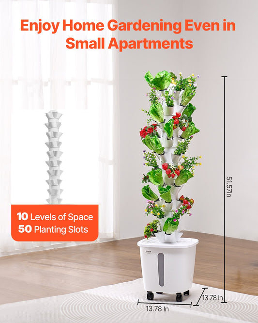 VEVOR Hydroponic Growing System, 50 Pods Vertical 10 Tiers Hydroponic Tower, Rolling Hydronic Garden with Water Pump & Wheels, Indoor Plants Germination Kit for Herbs Fruits & Vegetables