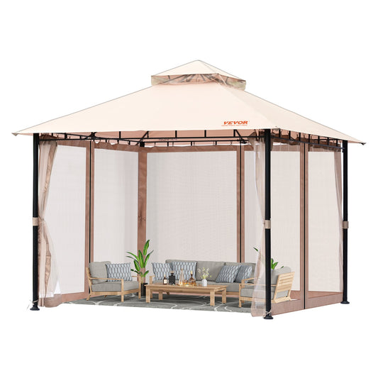 VEVOR Patio Gazebo for 6-8 Person, 3.05 x 3.05 m Backyard Gazebo, with Mosquito Netting, Metal Frame, and PU Coated 180G Polyester, Outdoor Canopy Shelter for Patio, Backyard, Lawn, Garden, Deck