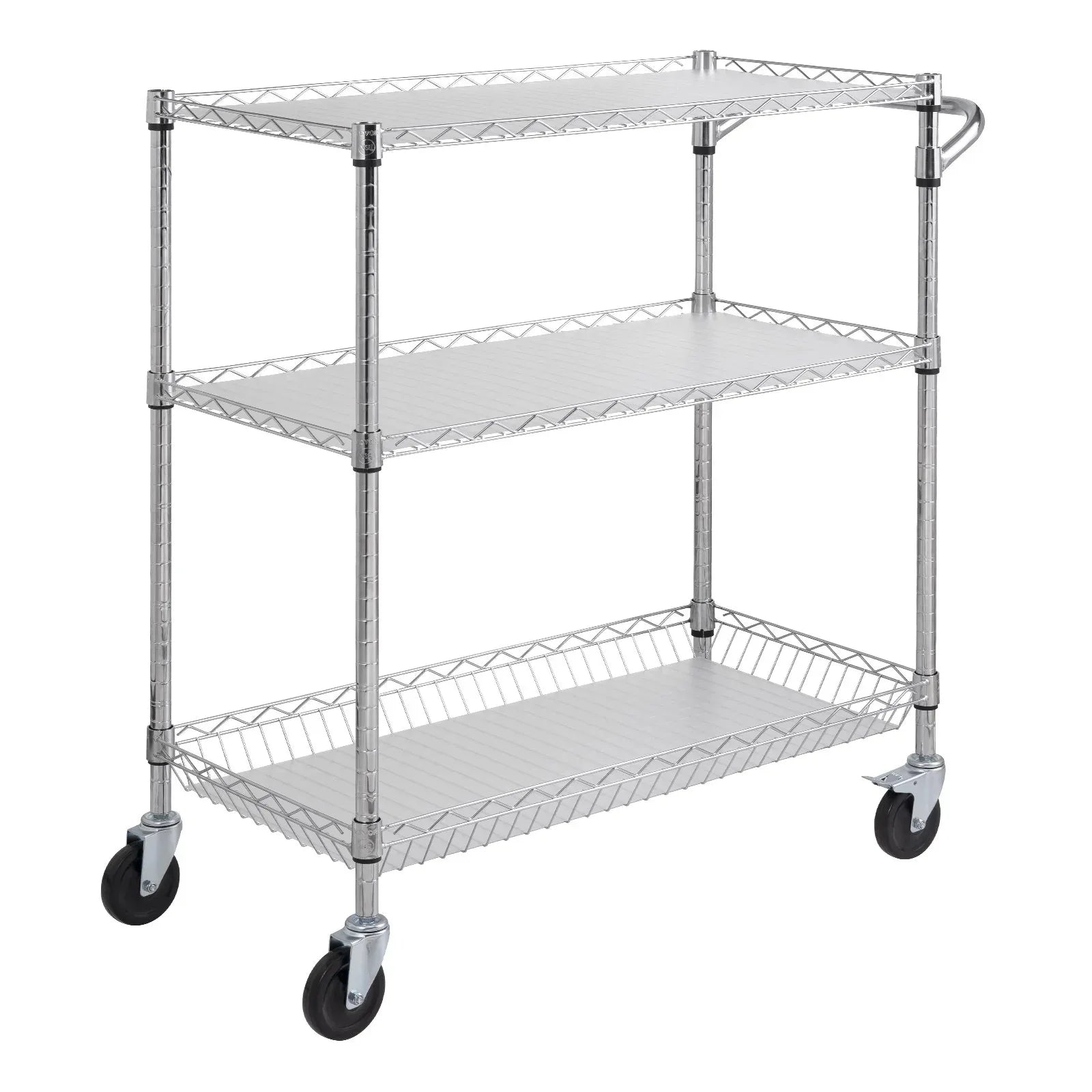 VEVOR Kitchen Utility Cart, 3 Tiers, Wire Rolling Cart, Steel Service Cart on Wheels, Metal Storage Trolley with 80mm Basket Curved Handle PP Liner 6 Hooks, for Indoor and Outdoor - Mekamart Australia