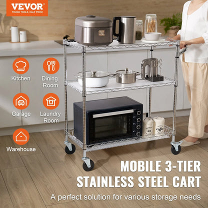 VEVOR Kitchen Utility Cart, 3 Tiers, Wire Rolling Cart, Steel Service Cart on Wheels, Metal Storage Trolley with 80mm Basket Curved Handle PP Liner 6 Hooks, for Indoor and Outdoor - Mekamart Australia