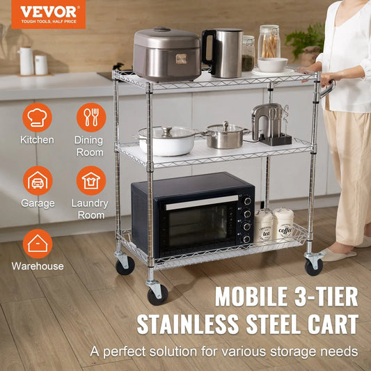 VEVOR Kitchen Utility Cart, 3 Tiers, Wire Rolling Cart, Steel Service Cart on Wheels, Metal Storage Trolley with 80mm Basket Curved Handle PP Liner 6 Hooks, for Indoor and Outdoor - Mekamart Australia
