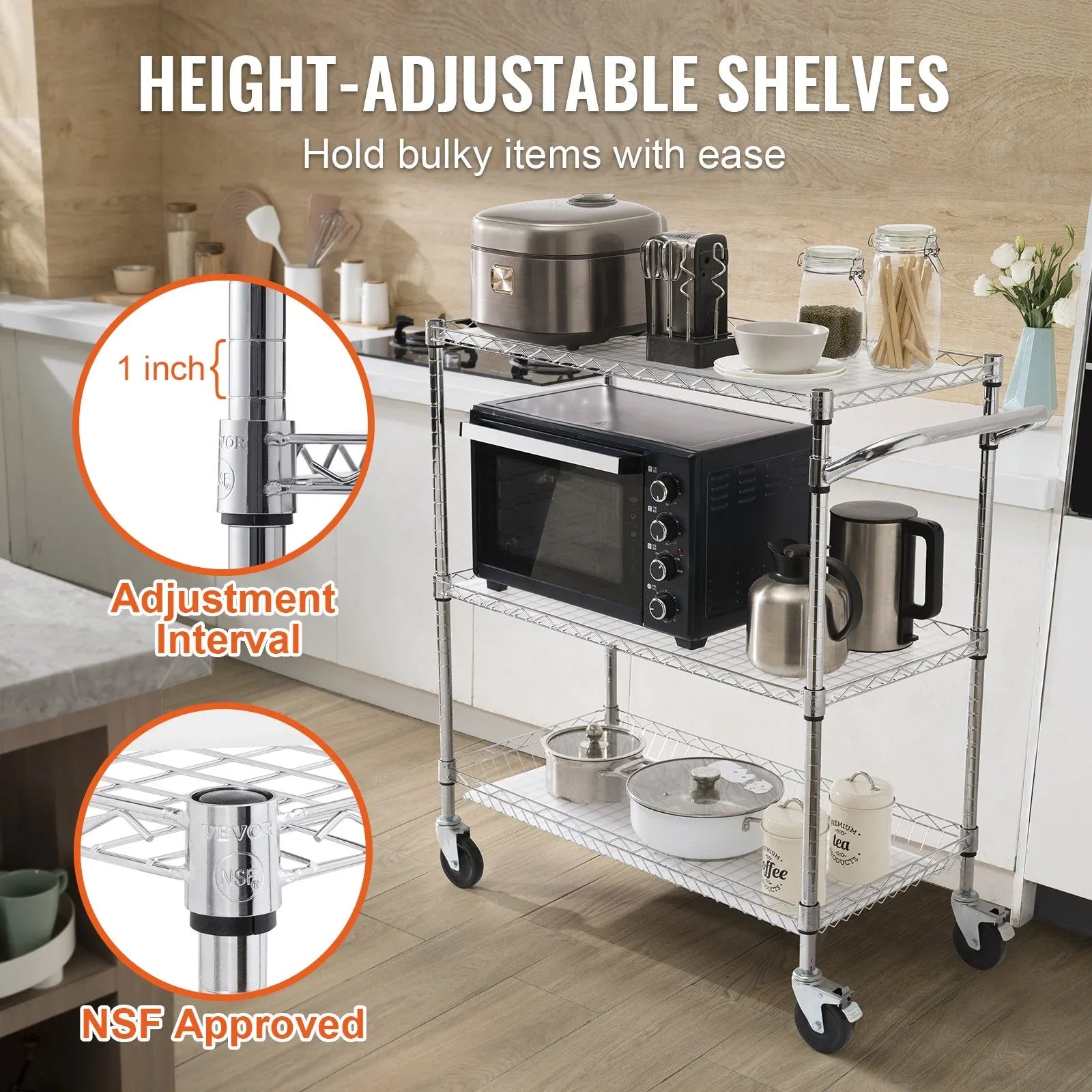VEVOR Kitchen Utility Cart, 3 Tiers, Wire Rolling Cart, Steel Service Cart on Wheels, Metal Storage Trolley with 80mm Basket Curved Handle PP Liner 6 Hooks, for Indoor and Outdoor - Mekamart Australia
