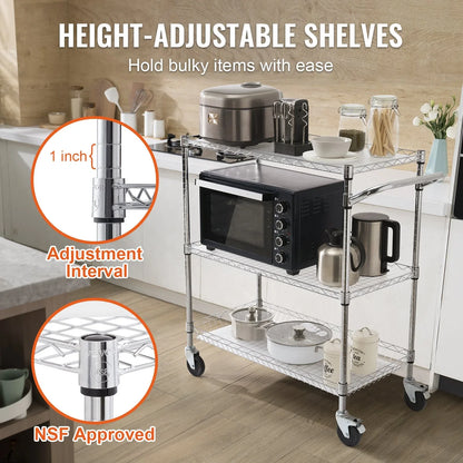 VEVOR Kitchen Utility Cart, 3 Tiers, Wire Rolling Cart, Steel Service Cart on Wheels, Metal Storage Trolley with 80mm Basket Curved Handle PP Liner 6 Hooks, for Indoor and Outdoor - Mekamart Australia
