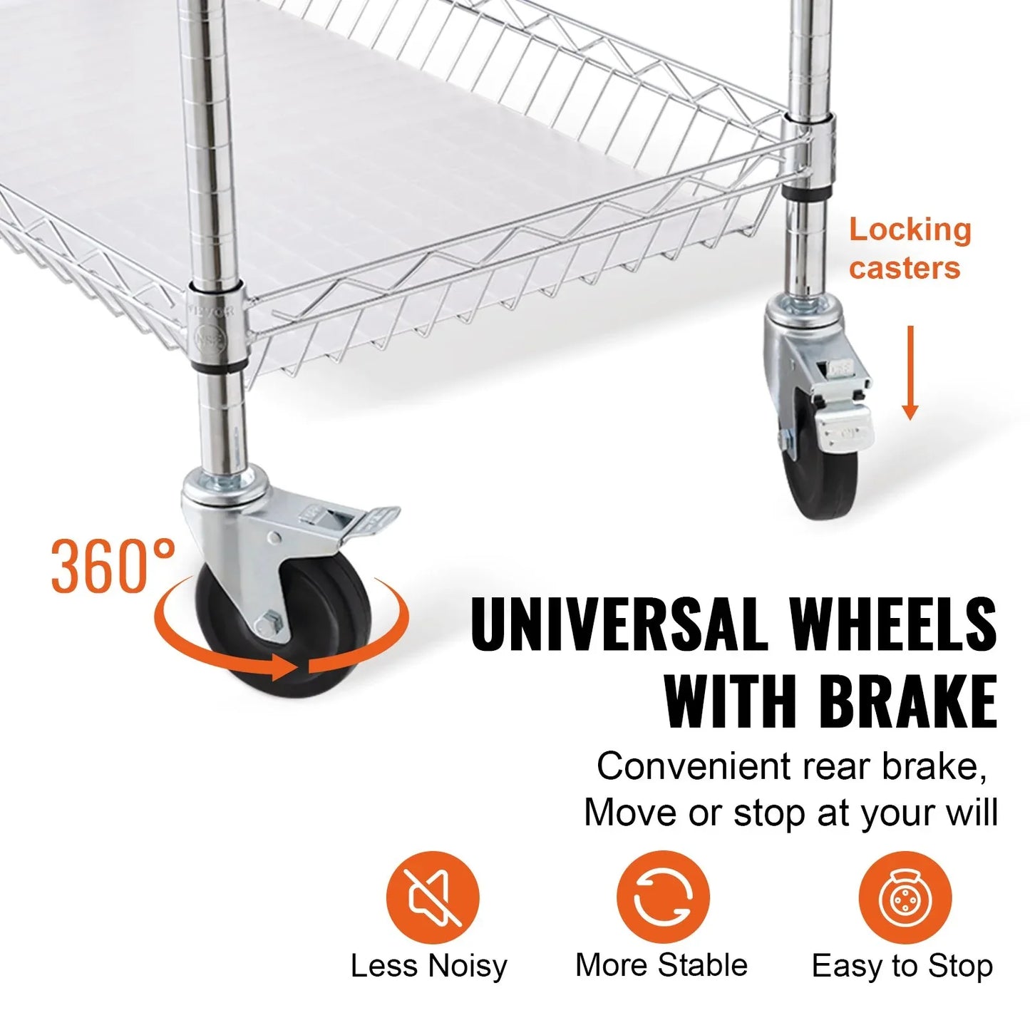 VEVOR Kitchen Utility Cart, 3 Tiers, Wire Rolling Cart, Steel Service Cart on Wheels, Metal Storage Trolley with 80mm Basket Curved Handle PP Liner 6 Hooks, for Indoor and Outdoor - Mekamart Australia