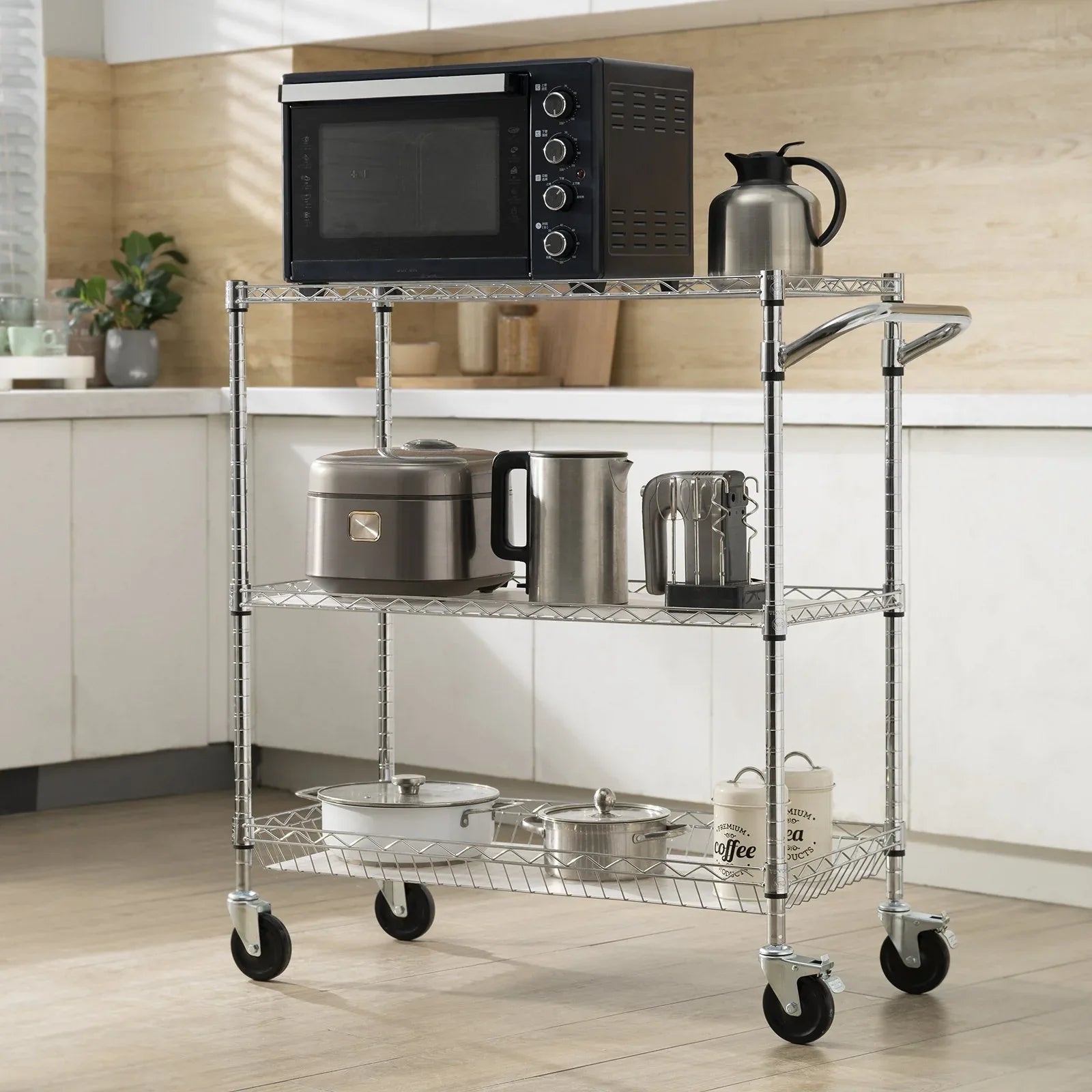 VEVOR Kitchen Utility Cart, 3 Tiers, Wire Rolling Cart, Steel Service Cart on Wheels, Metal Storage Trolley with 80mm Basket Curved Handle PP Liner 6 Hooks, for Indoor and Outdoor - Mekamart Australia