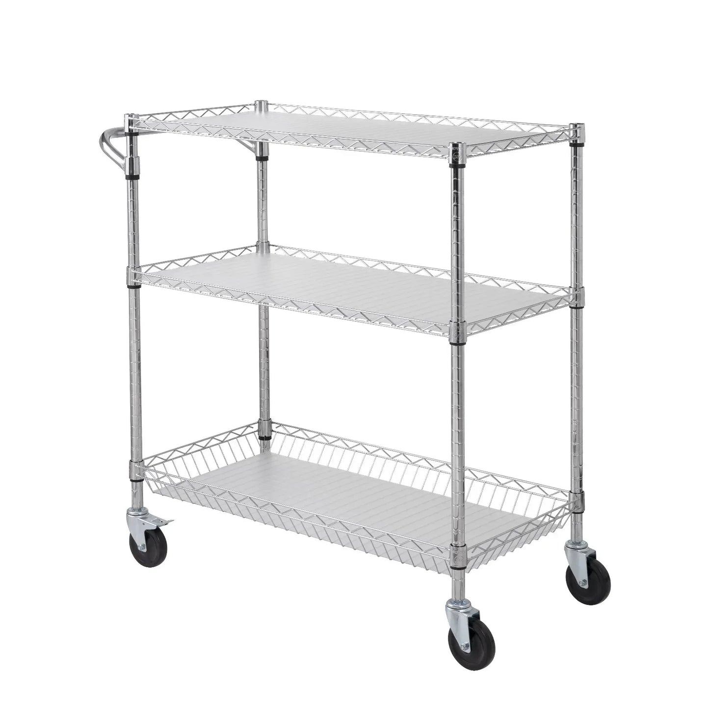 VEVOR Kitchen Utility Cart, 3 Tiers, Wire Rolling Cart, Steel Service Cart on Wheels, Metal Storage Trolley with 80mm Basket Curved Handle PP Liner 6 Hooks, for Indoor and Outdoor - Mekamart Australia