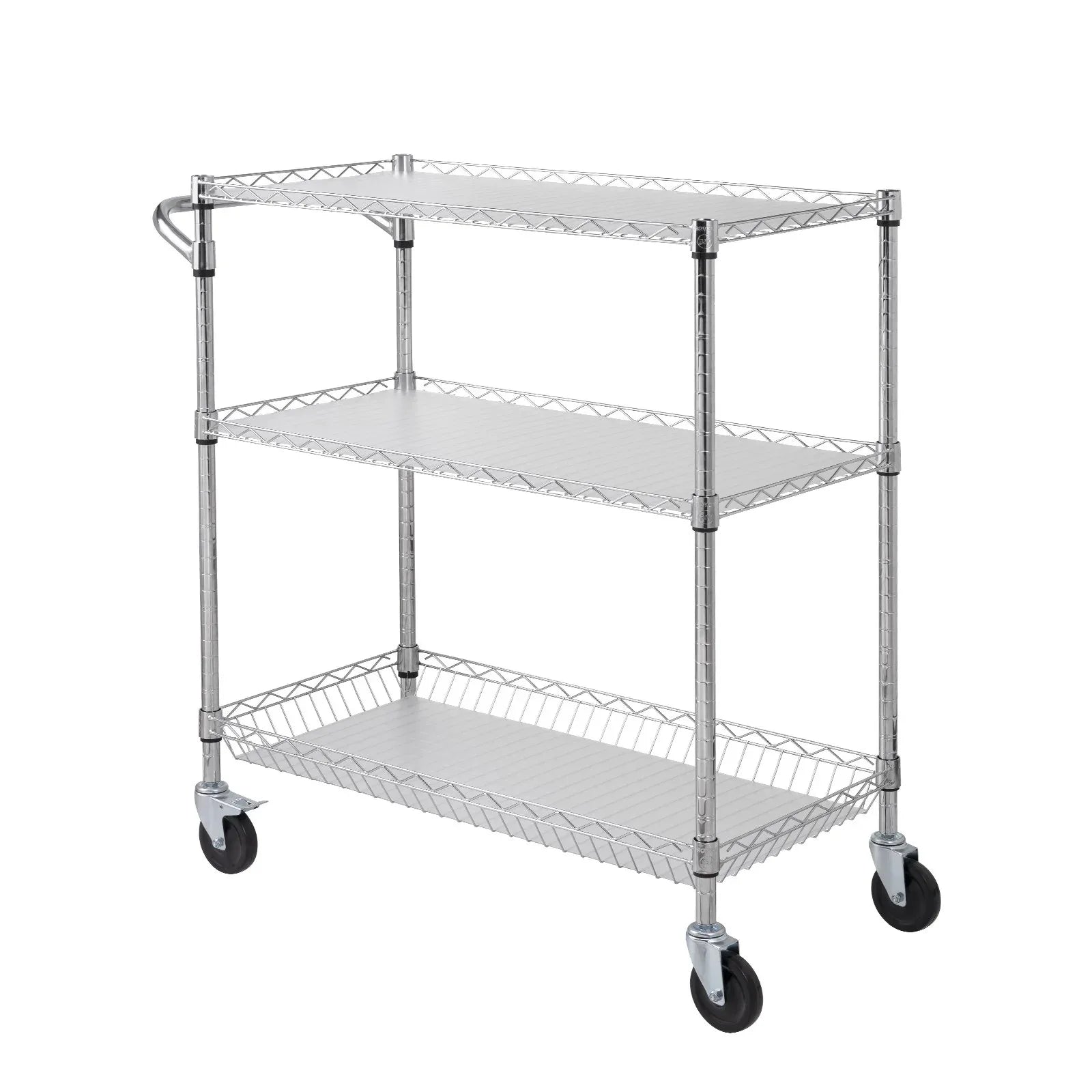 VEVOR Kitchen Utility Cart, 3 Tiers, Wire Rolling Cart, Steel Service Cart on Wheels, Metal Storage Trolley with 80mm Basket Curved Handle PP Liner 6 Hooks, for Indoor and Outdoor - Mekamart Australia