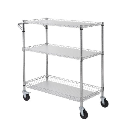 VEVOR Kitchen Utility Cart, 3 Tiers, Wire Rolling Cart, Steel Service Cart on Wheels, Metal Storage Trolley with 80mm Basket Curved Handle PP Liner 6 Hooks, for Indoor and Outdoor - Mekamart Australia