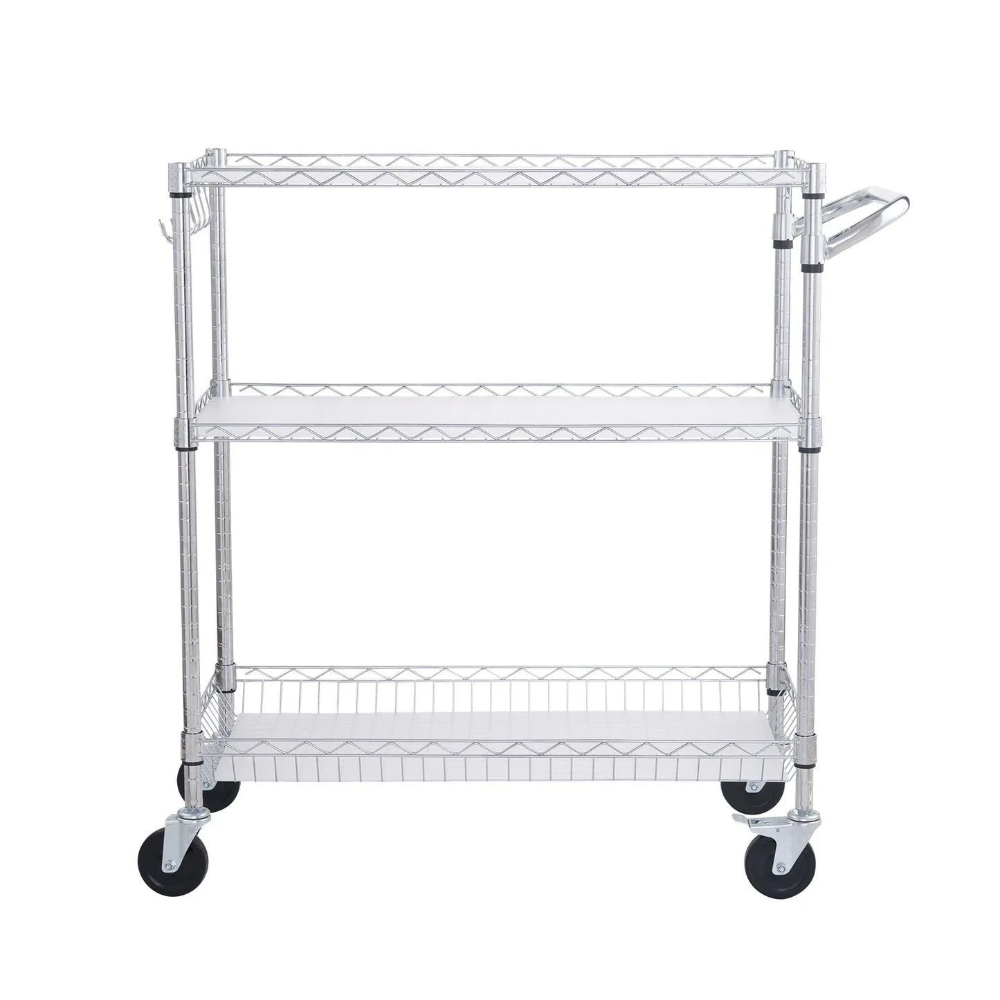 VEVOR Kitchen Utility Cart, 3 Tiers, Wire Rolling Cart, Steel Service Cart on Wheels, Metal Storage Trolley with 80mm Basket Curved Handle PP Liner 6 Hooks, for Indoor and Outdoor - Mekamart Australia