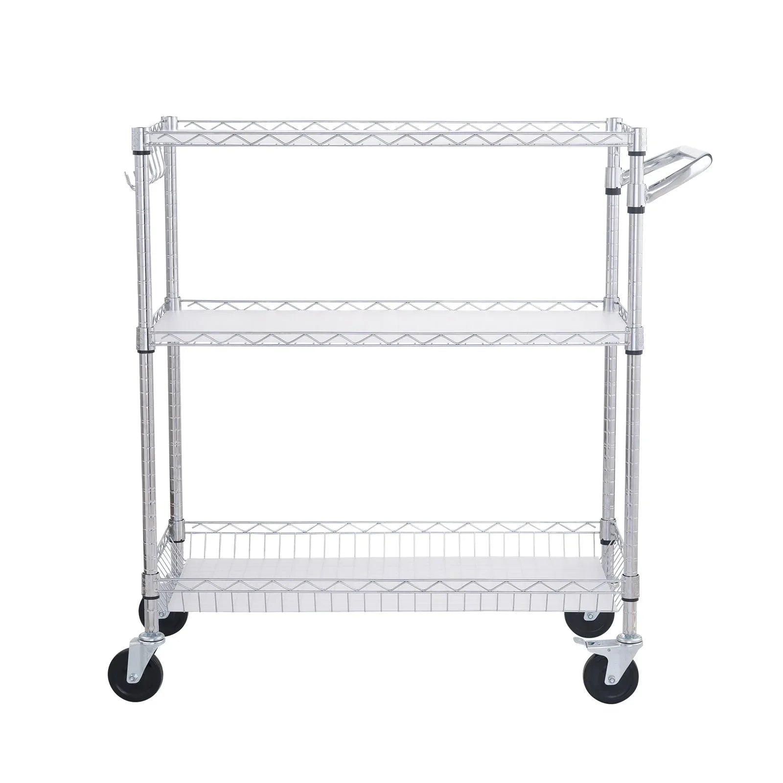 VEVOR Kitchen Utility Cart, 3 Tiers, Wire Rolling Cart, Steel Service Cart on Wheels, Metal Storage Trolley with 80mm Basket Curved Handle PP Liner 6 Hooks, for Indoor and Outdoor - Mekamart Australia