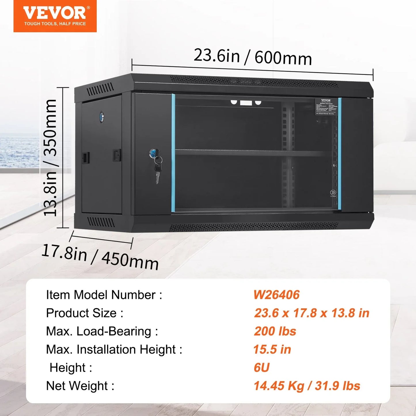 VEVOR 6U Wall Mount Network Server Cabinet, 15.5'' Deep, Server Rack Cabinet Enclosure, 200 lbs Max. Ground-mounted Load Capacity, with Locking Glass Door Side Panels, for IT Equipment, A/V Devices