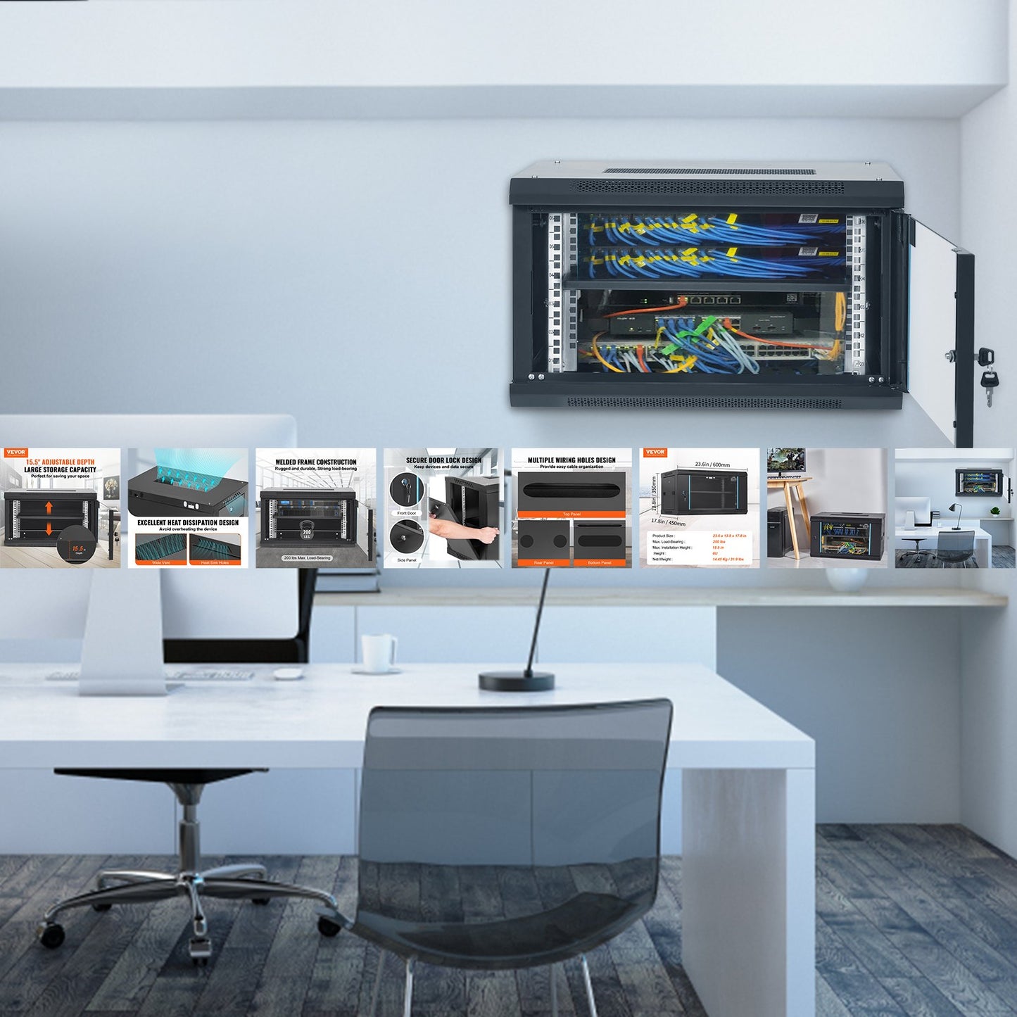 VEVOR 6U Wall Mount Network Server Cabinet, 15.5'' Deep, Server Rack Cabinet Enclosure, 200 lbs Max. Ground-mounted Load Capacity, with Locking Glass Door Side Panels, for IT Equipment, A/V Devices