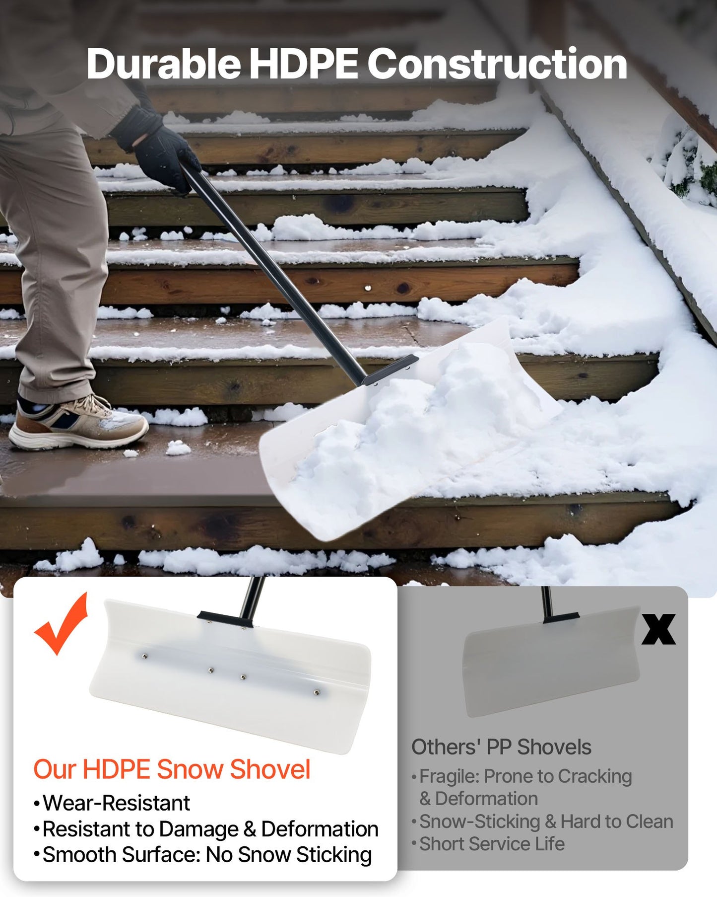 VEVOR Snow Pusher Shovel, 61 cm Wide Outdoor Snowplow Shovel with Ergonomic Grip, HDPE Plastic Blade, Winter Shovels with Segmented Handle, Portable Snow Removal Tool for Driveway Garden Camping