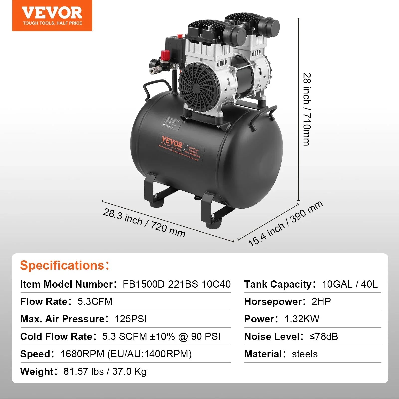 VEVOR Air Compressor Compact Portable Oil Free Compressor 40L 90 PSI - Mekamart Australia