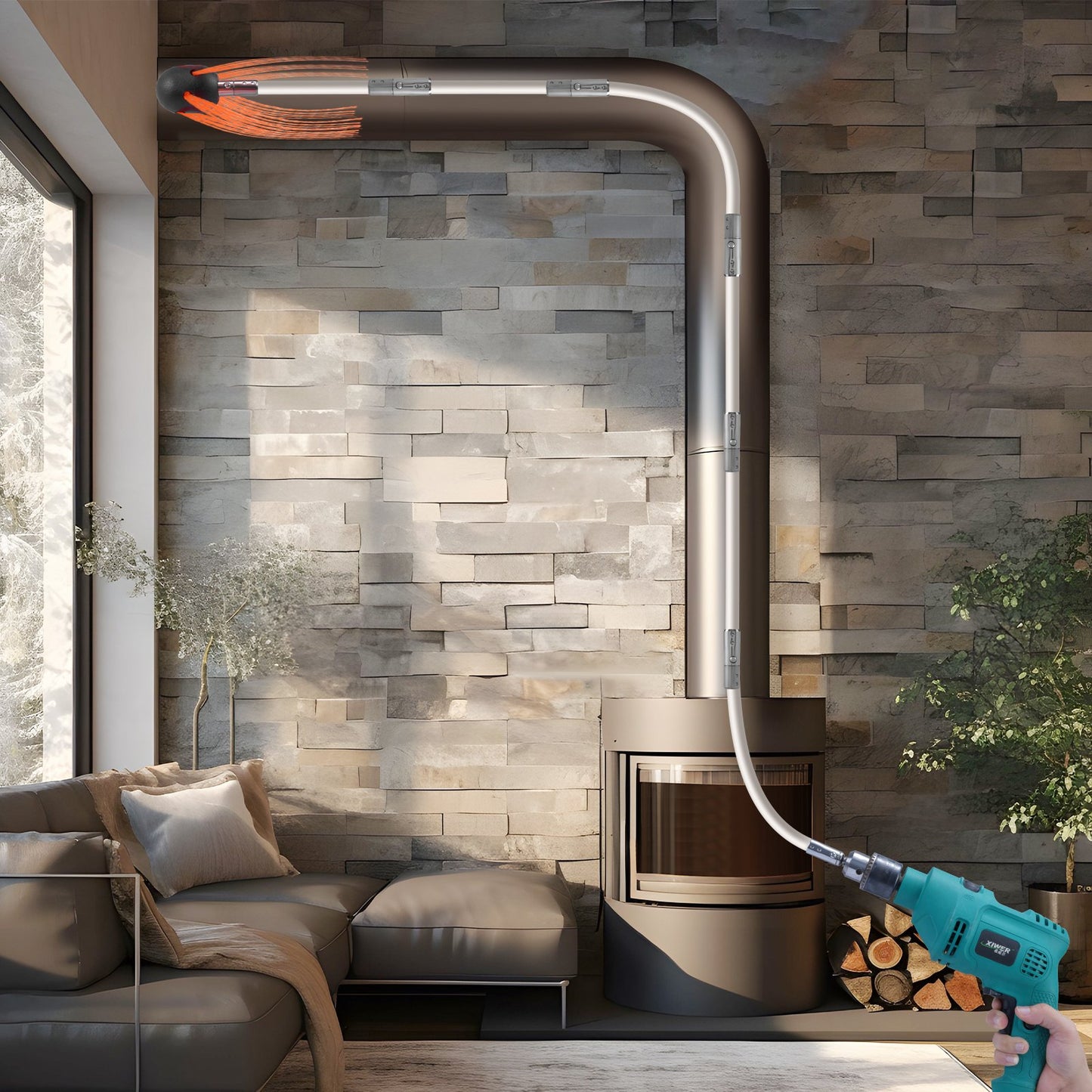 VEVOR 7 m Chimney Sweep Kit, w/ 7 Reinforced Nylon Flexible Rods, Ergonomic Chimney Cleaning Brush, 360-Degree Brush Chimney Cleaner, Rich Accessories for Fireplace Flue Home Use Fits most Pipes