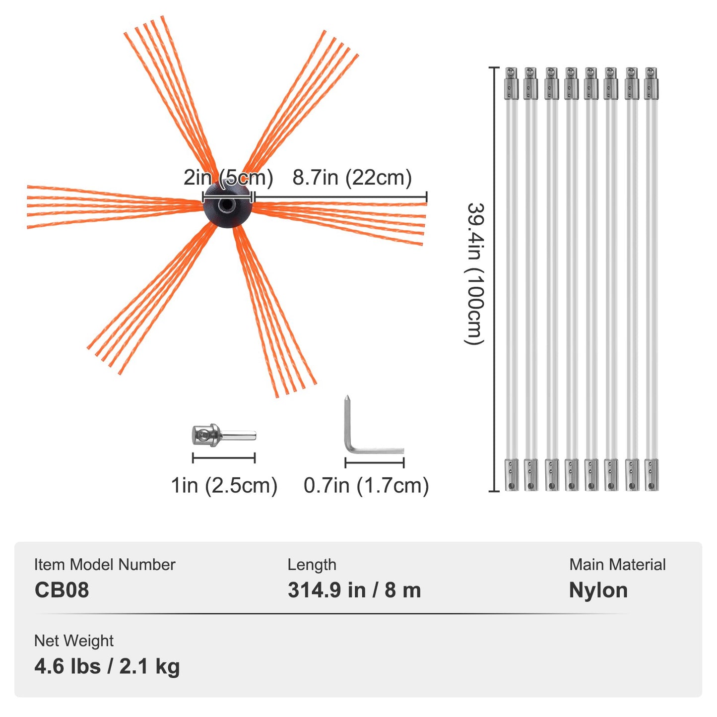 VEVOR 8 m Chimney Sweep Kit, w/ 8Reinforced Nylon Flexible Rods, Ergonomic Chimney Cleaning Brush, 360-Degree Brush Chimney Cleaner, Rich Accessories for Fireplace Flue Home Use Fits most Pipes