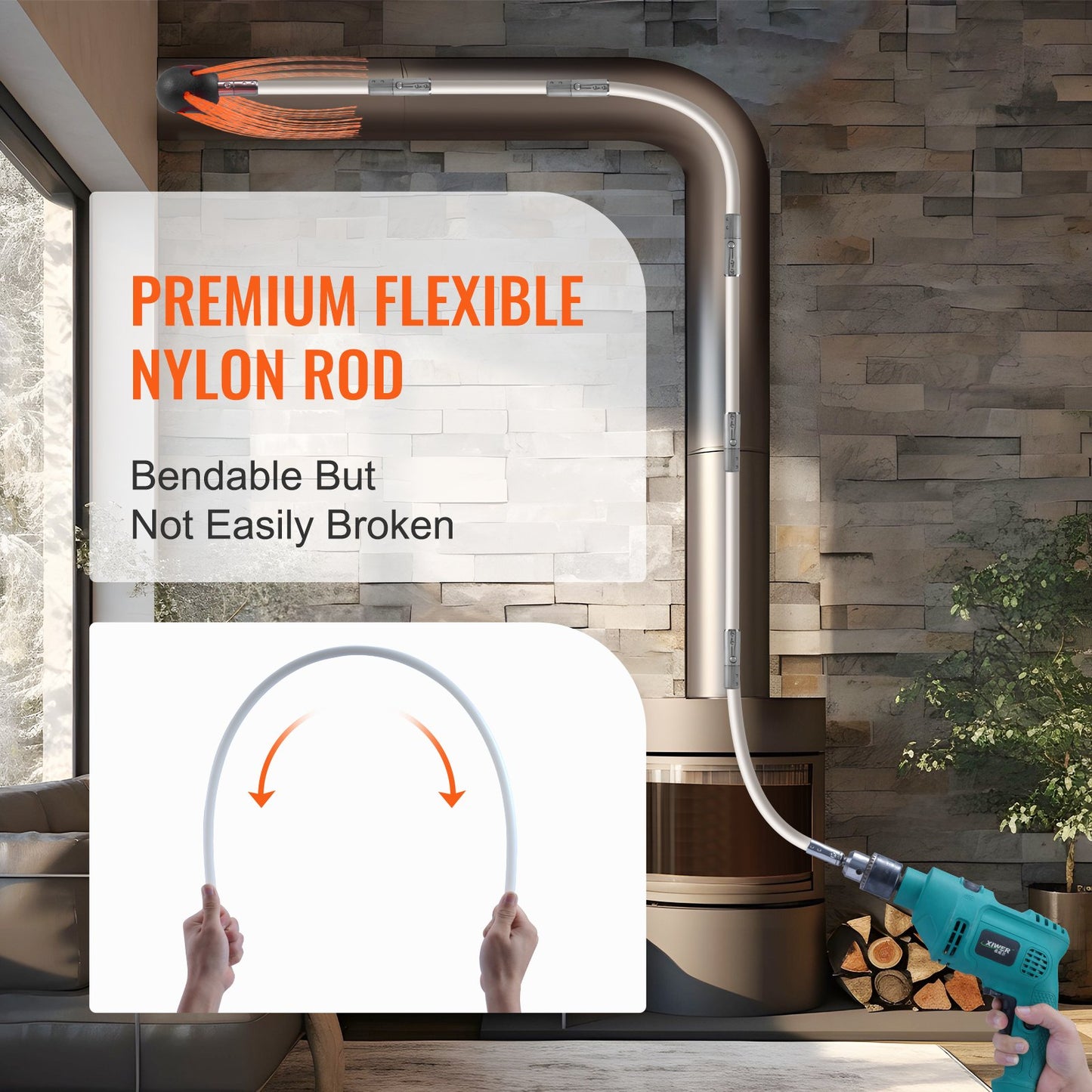 VEVOR 9 m Chimney Sweep Kit, w/ 9 Reinforced Nylon Flexible Rods, Ergonomic Chimney Cleaning Brush, 360-Degree Brush Chimney Cleaner, Rich Accessories for Fireplace Flue Home Use Fits most Pipes