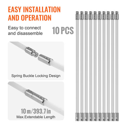 VEVOR 10 m Chimney Sweep Kit, w/ 10 Reinforced Nylon Flexible Rods, Ergonomic Chimney Cleaning Brush, 360-Degree Brush Chimney Cleaner, Rich Accessories for Fireplace Flue Home Use Fits most Pipes
