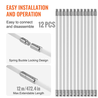 VEVOR 12 m Chimney Sweep Kit, w/ 12 Reinforced Nylon Flexible Rods, Ergonomic Chimney Cleaning Brush, 360-Degree Brush Chimney Cleaner, Rich Accessories for Fireplace Flue Home Use Fits most Pipes