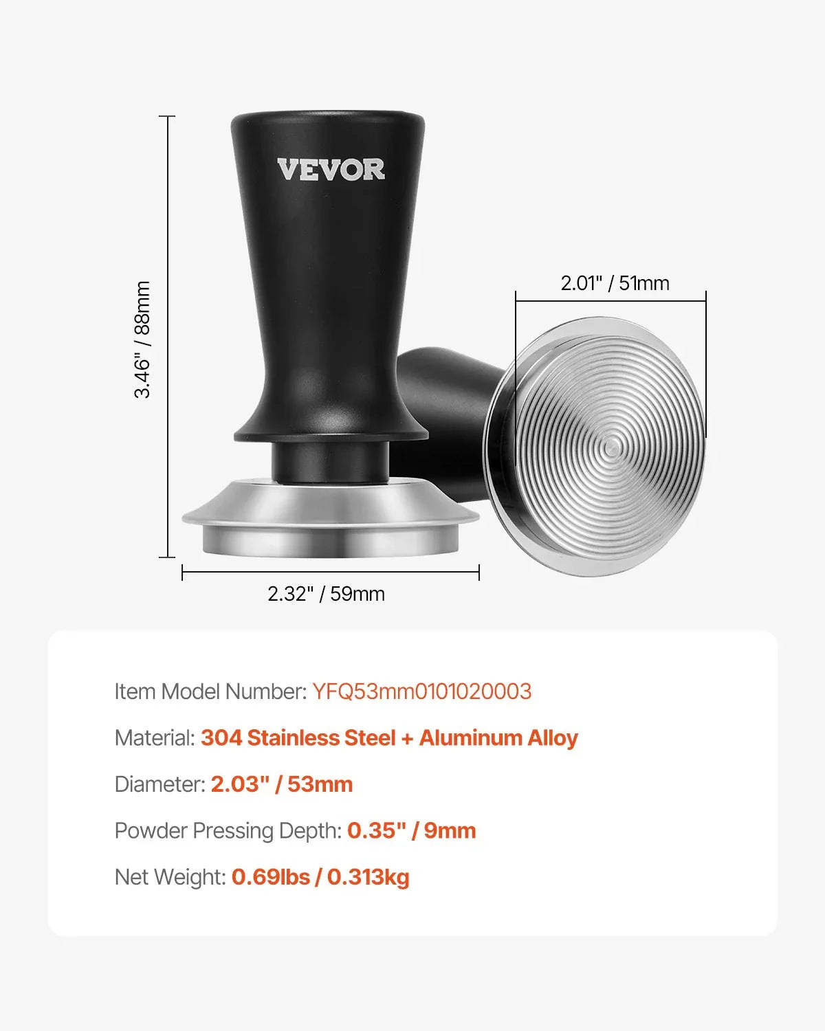 VEVOR 51mm/53mm/58mm Espresso Tamper Stainless Steel Coffee Tamper with Spring