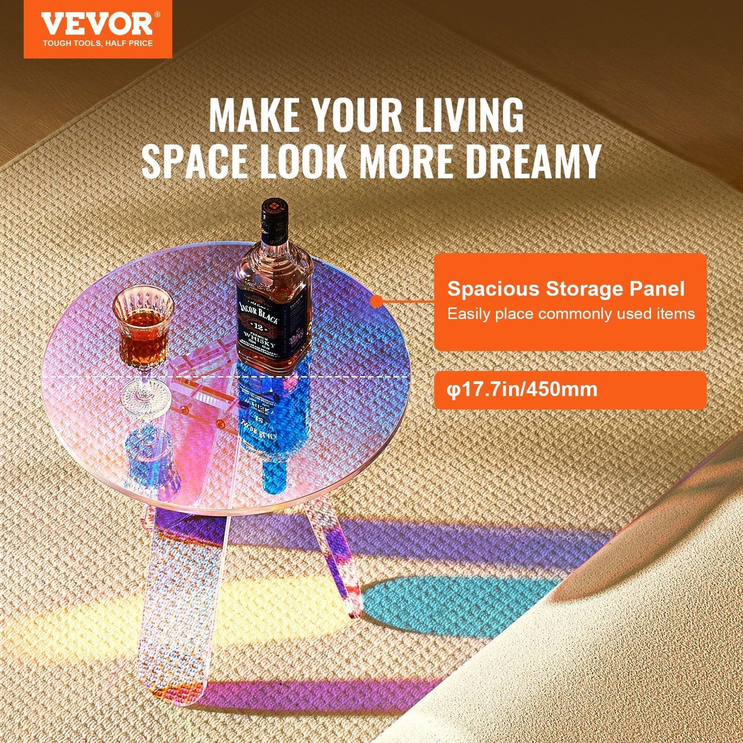 VEVOR Round Iridescent Side Table, Acrylic End Table, Clear Rainbow Acrylic Coffee Table for Drink, Food, Snack used in Living Room, Bedroom, and Study - Mekamart Australia