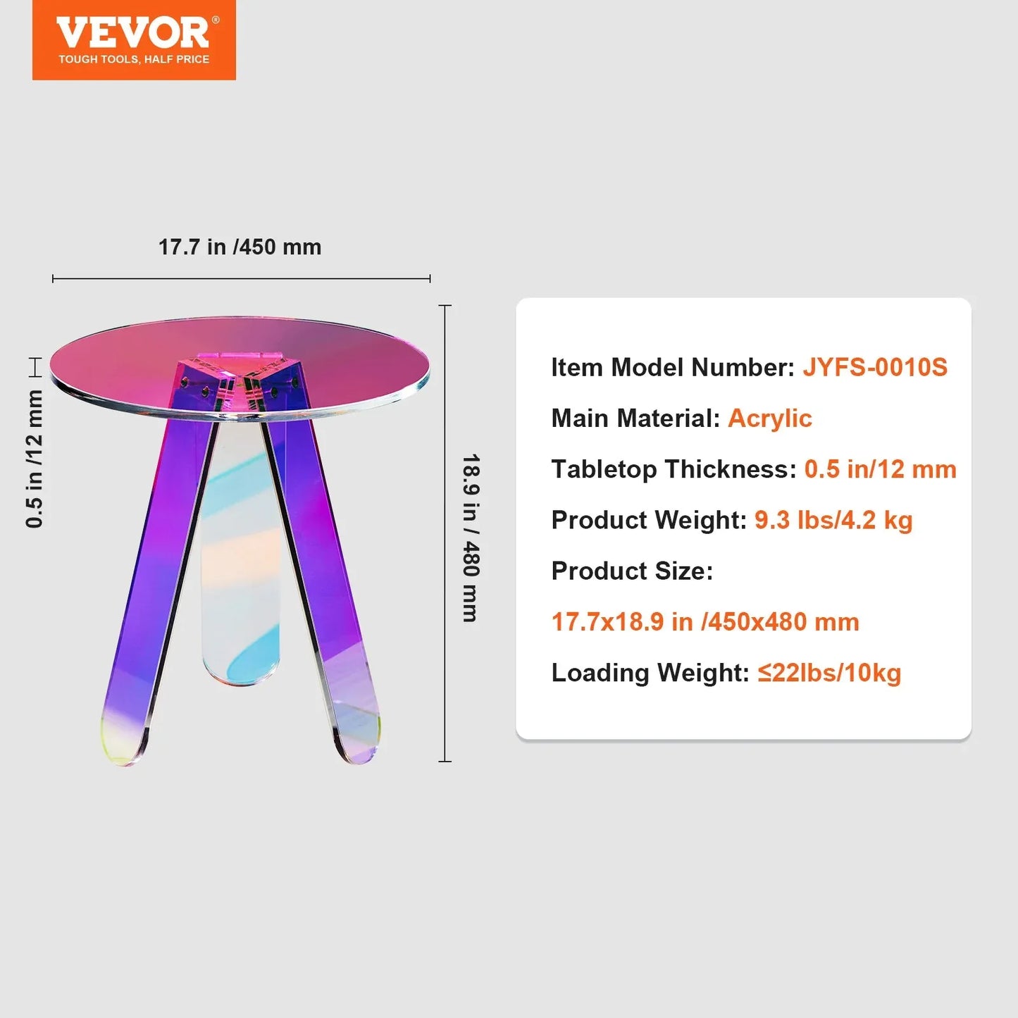 VEVOR Round Iridescent Side Table, Acrylic End Table, Clear Rainbow Acrylic Coffee Table for Drink, Food, Snack used in Living Room, Bedroom, and Study - Mekamart Australia