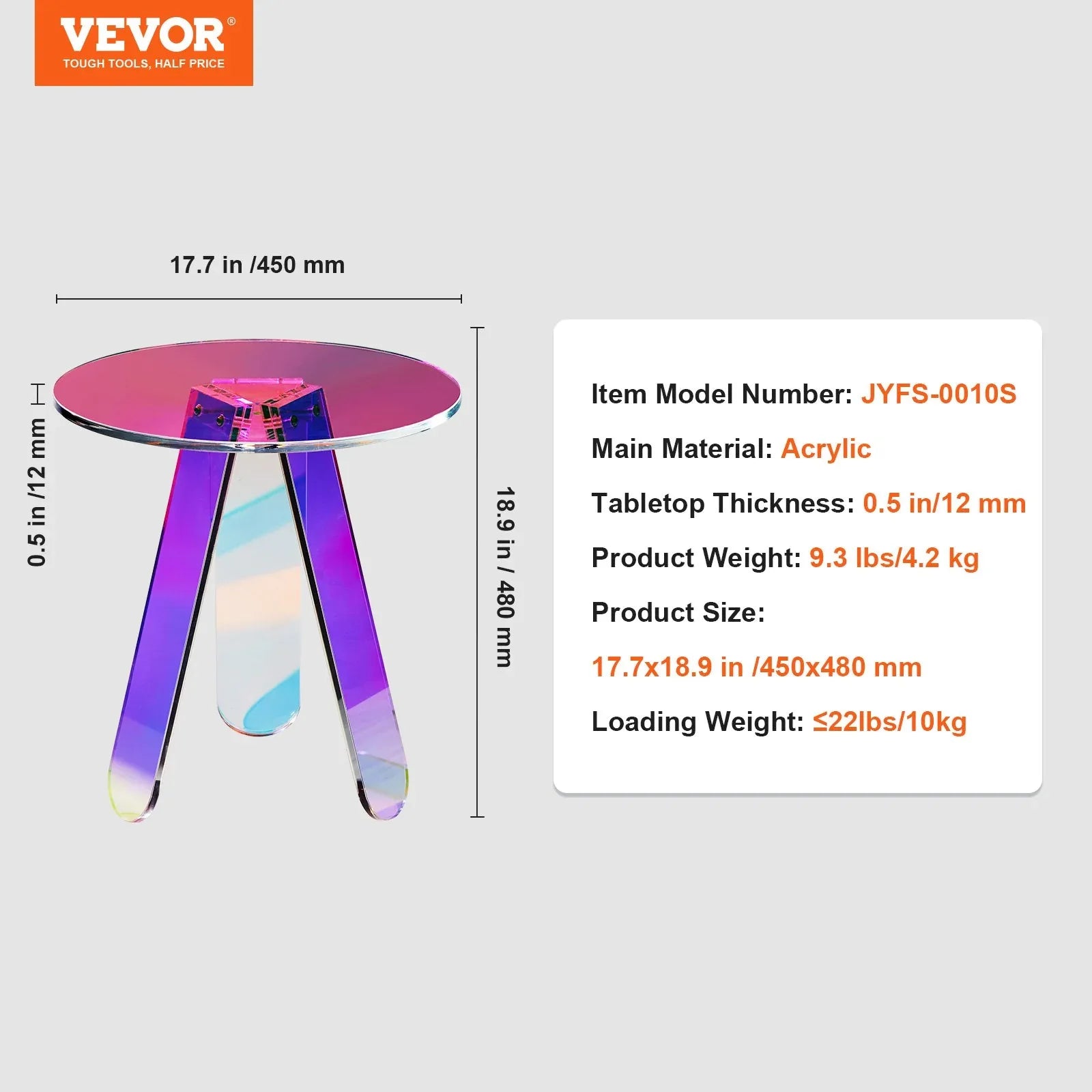 VEVOR Round Iridescent Side Table, Acrylic End Table, Clear Rainbow Acrylic Coffee Table for Drink, Food, Snack used in Living Room, Bedroom, and Study - Mekamart Australia