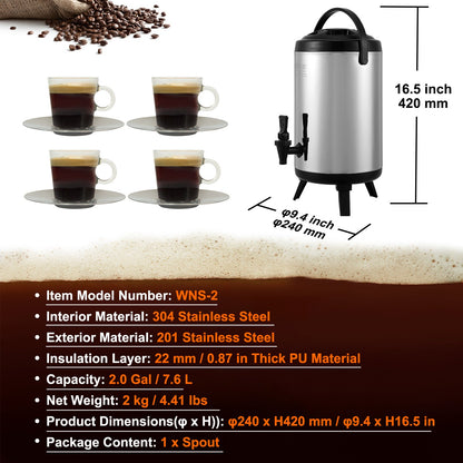 VEVOR Stainless Steel Insulated Beverage Dispenser, 7.6 Liter, Thermal Hot and Cold Drink Server Dispenser with Spigot Handle, Food-grade for Hot Tea Coffee Water Restaurant Drink Shop