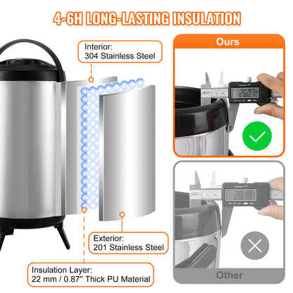 VEVOR Stainless Steel Insulated Beverage Dispenser, 9.2 Liter, Thermal Hot and Cold Drink Server Dispenser with Spigot Handle, Food-grade for Hot Tea Coffee Water Restaurant Drink Shop