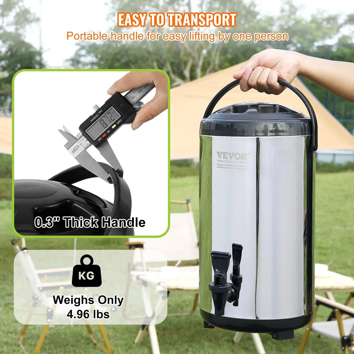 VEVOR Stainless Steel Insulated Beverage Dispenser, 9.2 Liter, Thermal Hot and Cold Drink Server Dispenser with Spigot Handle, Food-grade for Hot Tea Coffee Water Restaurant Drink Shop