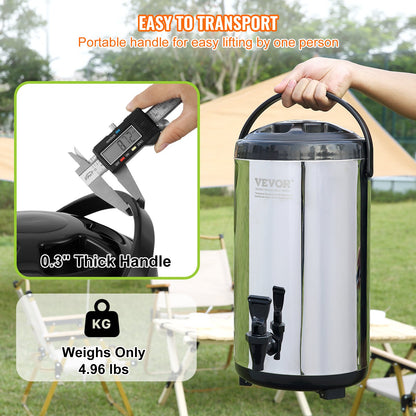 VEVOR Stainless Steel Insulated Beverage Dispenser, 9.2 Liter, Thermal Hot and Cold Drink Server Dispenser with Spigot Handle, Food-grade for Hot Tea Coffee Water Restaurant Drink Shop