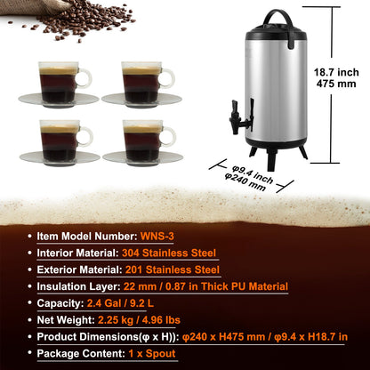 VEVOR Stainless Steel Insulated Beverage Dispenser, 9.2 Liter, Thermal Hot and Cold Drink Server Dispenser with Spigot Handle, Food-grade for Hot Tea Coffee Water Restaurant Drink Shop