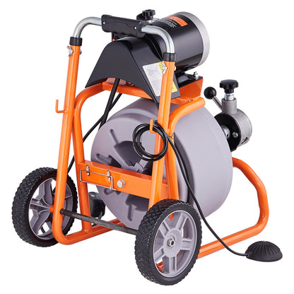 VEVOR Drain Cleaner Machine 100FT x 3/8 Inch, Auto Feed Sewer Snake Drain Auger on Wheels, Portable Drain Cleaning Machine with 8 Cutters & Air-activated Foot Switch for 2" to 4" Pipes