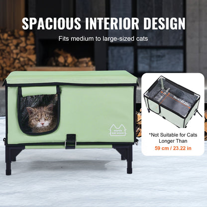 VEVOR Elevated Heated Cat House, Cuboid Kitty Shelter with Adjustable Temperature and Timer, 900D Oxford Cloth Foldable Cat Shelter with Heated Pad  for Winter to Stay Warm and Cozy, Green (Large)