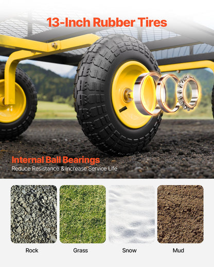 VEVOR 1400 Lbs Steel Garden Cart, Heavy Duty Pullable Garden Wagon Yard Cart, 2 in 1 Outdoor Metal Utility Wagon Yard Trailer with 13" All Terrain Tires, Mesh Removable Sides and 180°Rotating Handle