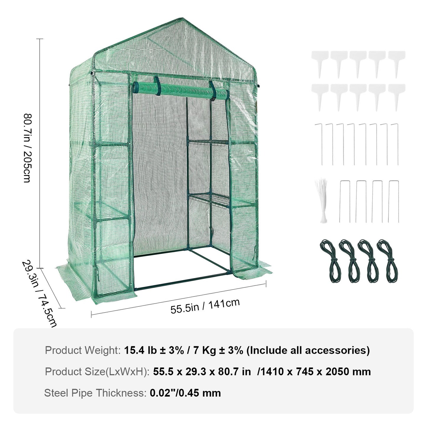 VEVOR Walk-in Green House, 4.6 x 2.4 x  6.7 ft  Greenhouse with Shelves, Set Up in Minutes, High Strength PE Cover with Doors & Windows and Steel Frame, Suitable for Planting and Storage, Green