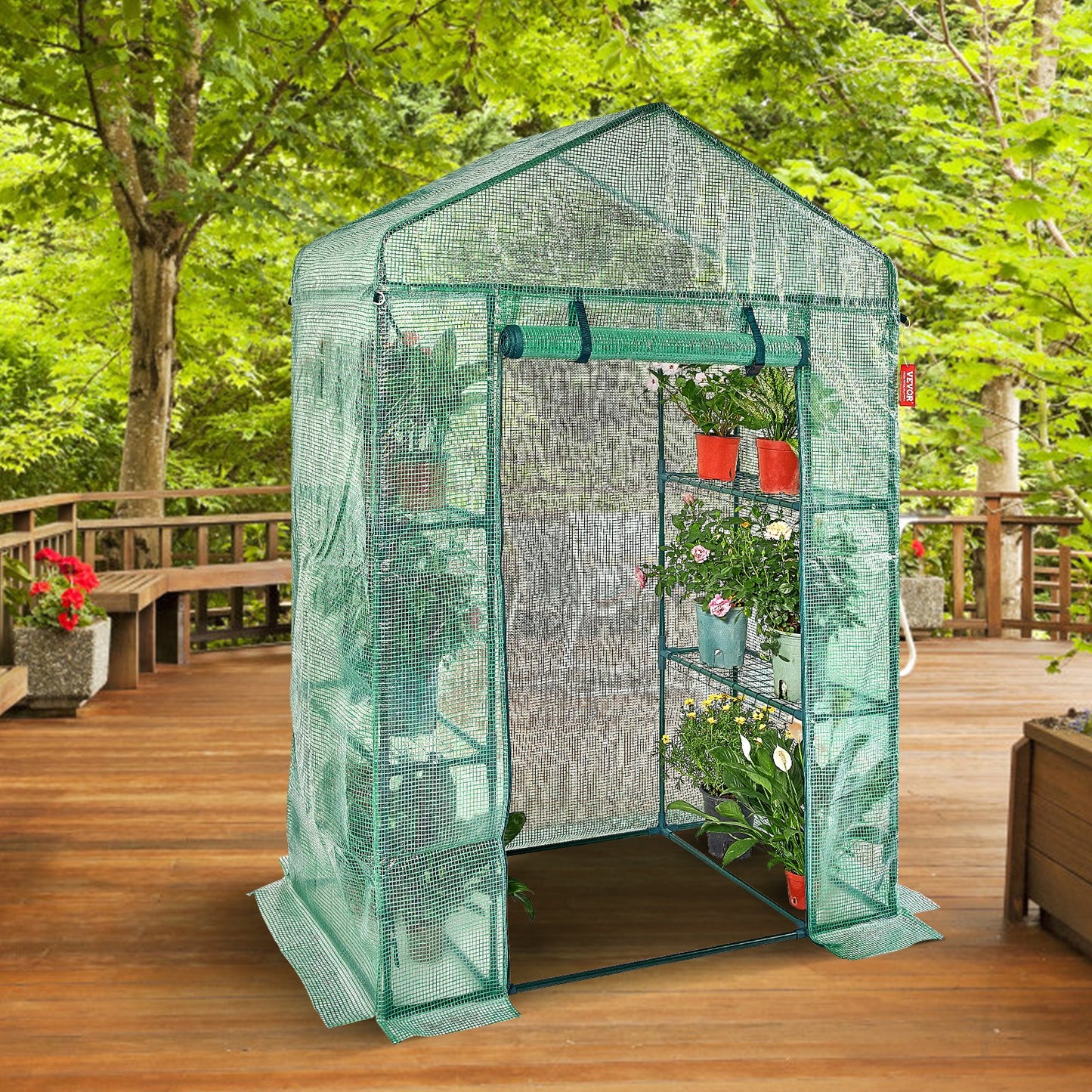 VEVOR Walk-in Green House, 4.6 x 2.4 x  6.7 ft  Greenhouse with Shelves, Set Up in Minutes, High Strength PE Cover with Doors & Windows and Steel Frame, Suitable for Planting and Storage, Green