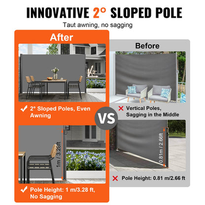 VEVOR Retractable Side Awning, 160X300m Aluminum Outdoor Privacy Screen, 280g Polyester Water-proof Retractable Patio Screen, UV 30+ Room Divider Wind Screen for Patio, Backyard, Balcony, Gray