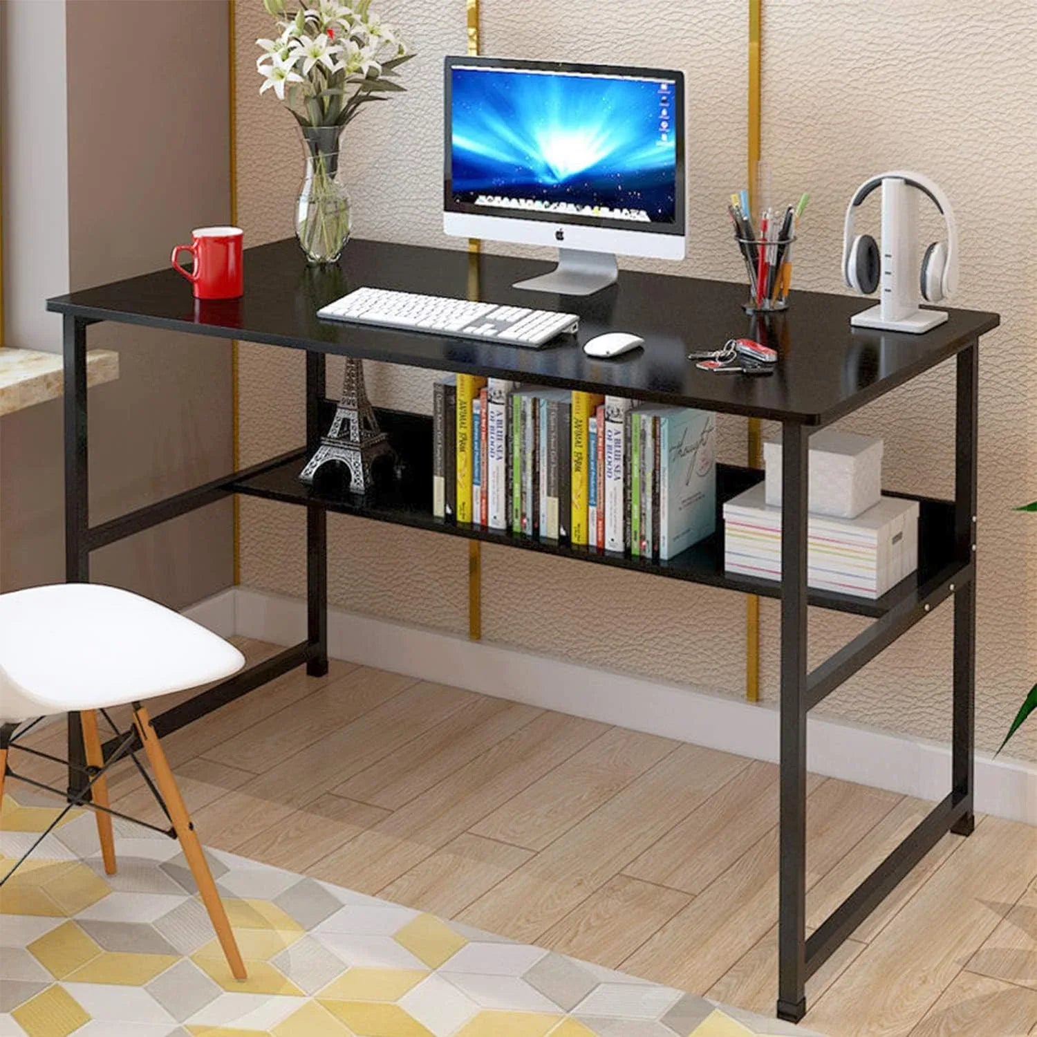 Computer Desk Table Study Table With Shelf - White - Mekamart Australia