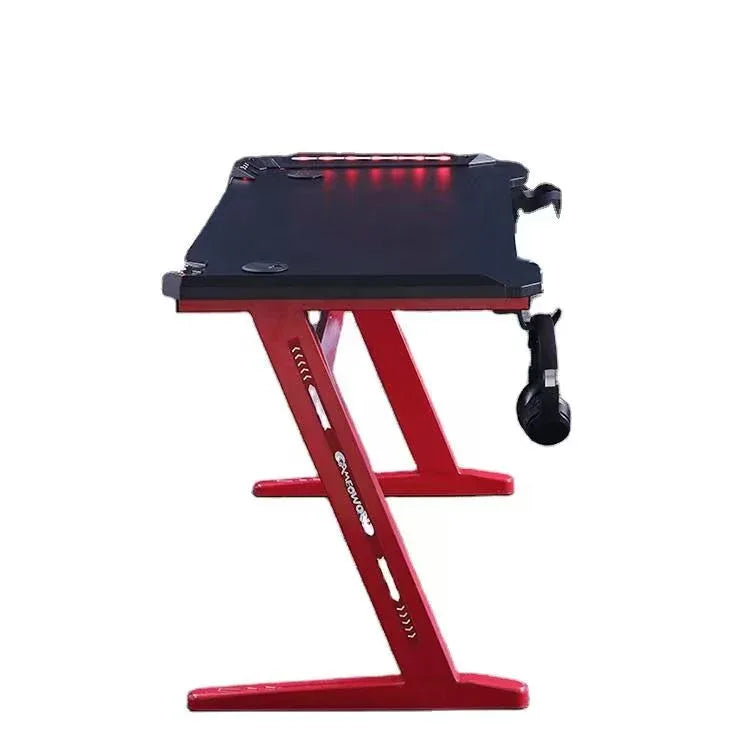 Gaming Desk with LED Lights Computer Desk Z Shaped Desk - Black