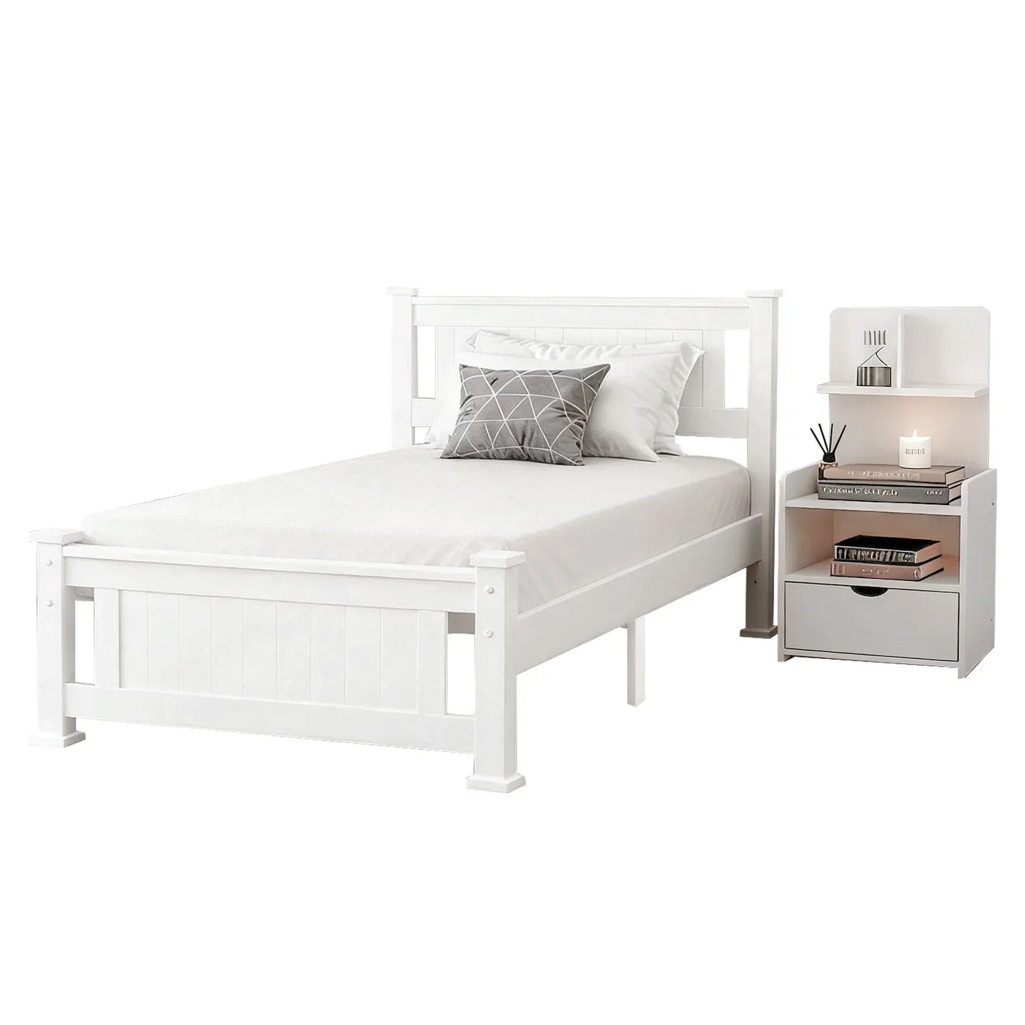 Artiss King Single Bed Frame and Bedside Table White - Mekamart Australia