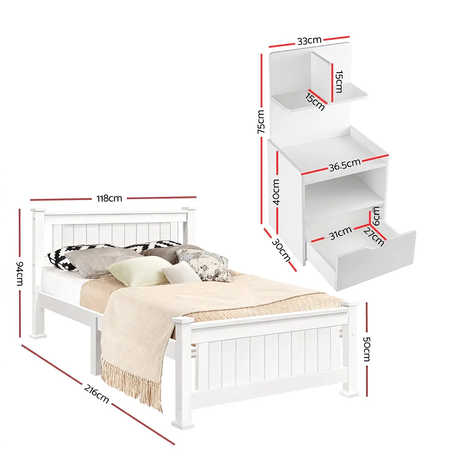Artiss King Single Bed Frame and Bedside Table White - Mekamart Australia