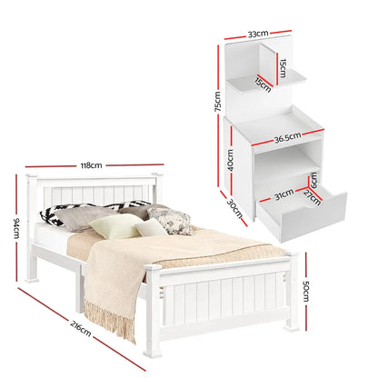 Artiss King Single Bed Frame and Bedside Table White - Mekamart Australia